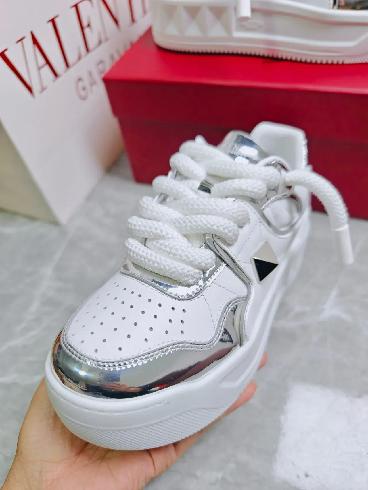 Valentino Rockstud White and Silver Metallic Lifestyle Sneakers 7