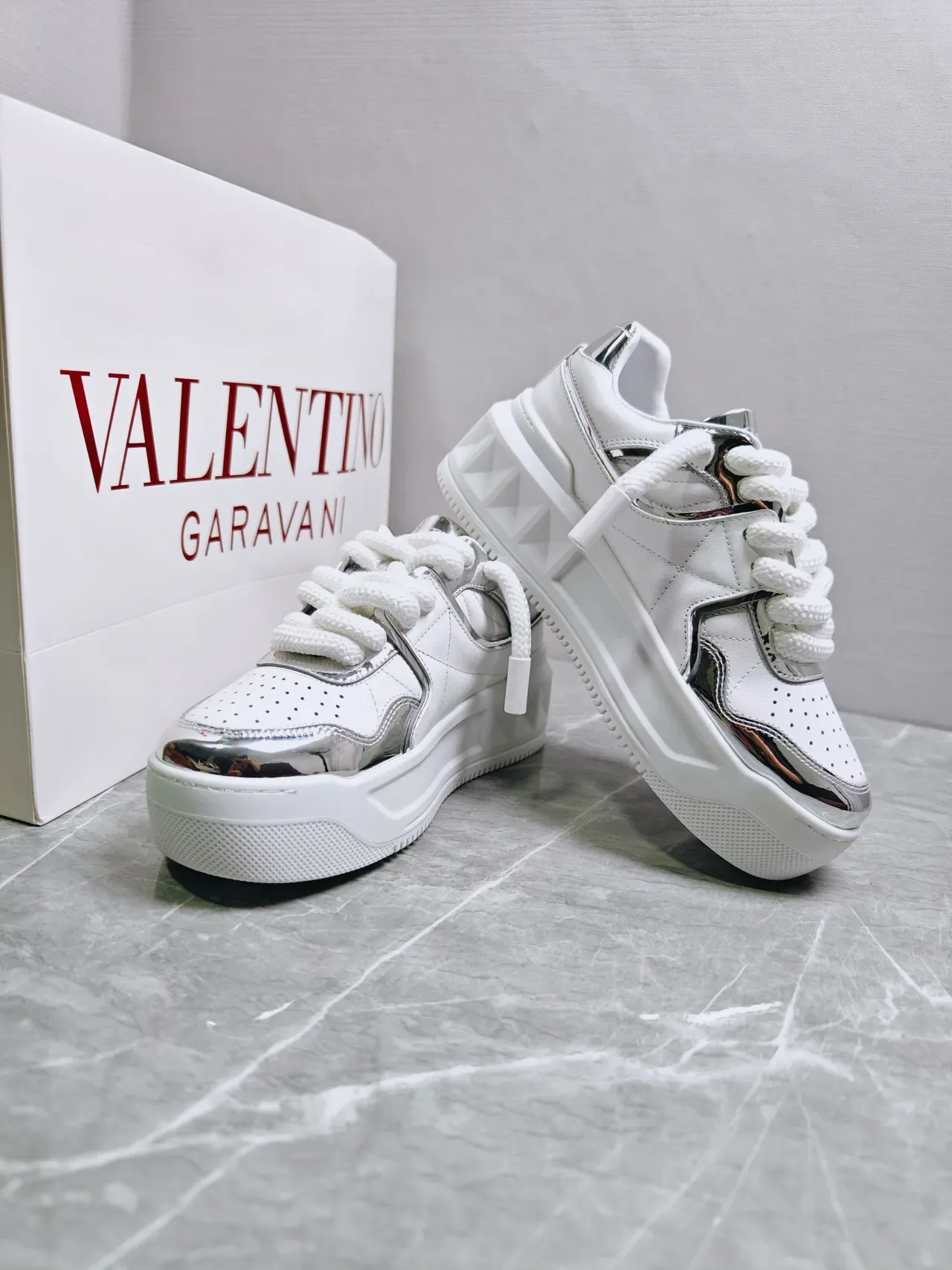 Valentino Rockstud White and Silver Metallic Lifestyle Sneakers 8