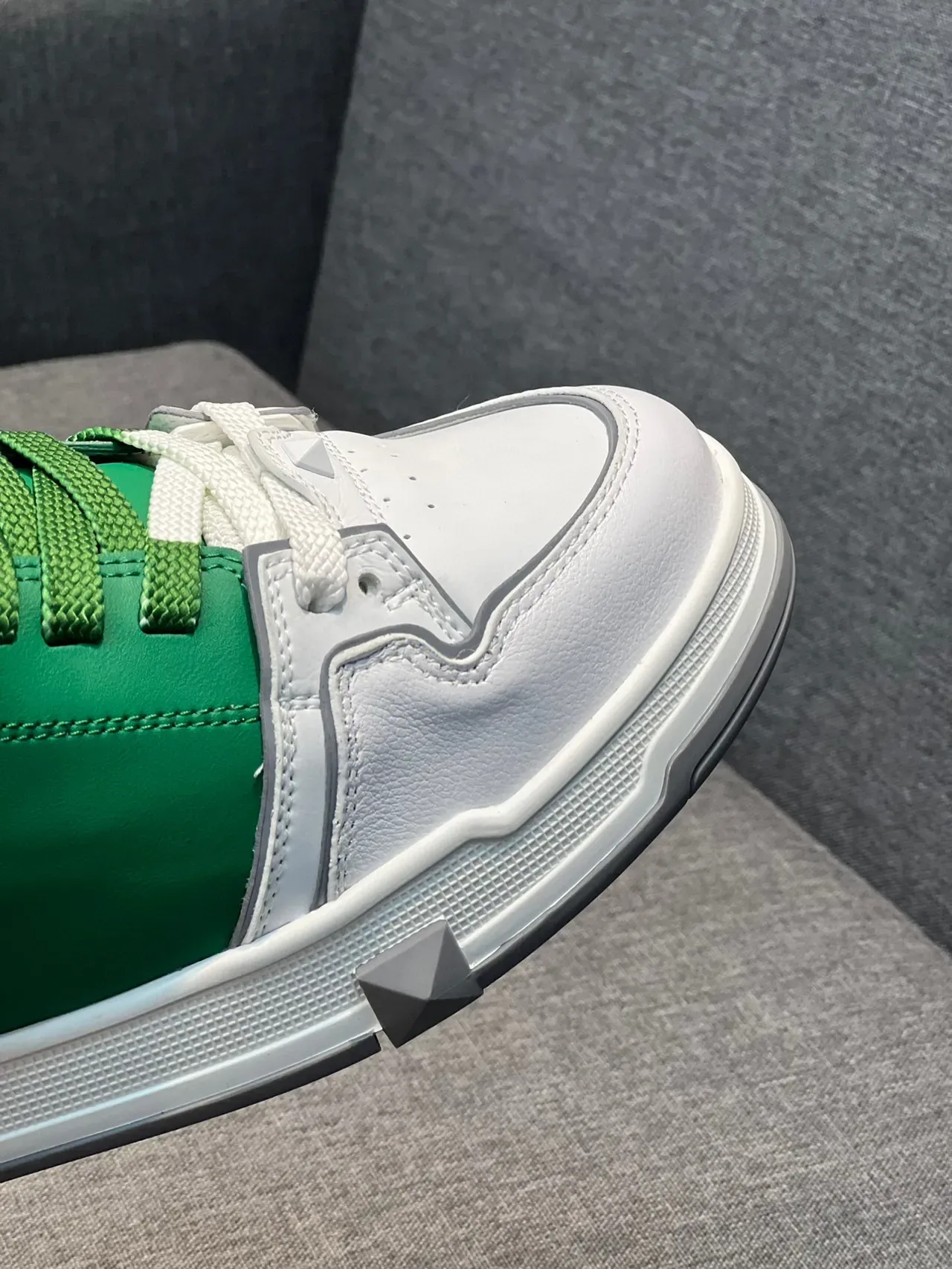Valentino Rockstud White Green Color-Blocked Leather-and-Panel Construction Lifestyle Sneakers 3