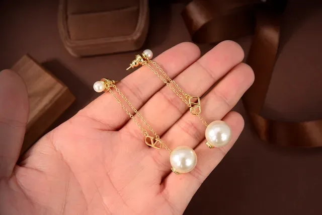 Valentino VLogo Pearl Drop Gold Chain Earrings 2