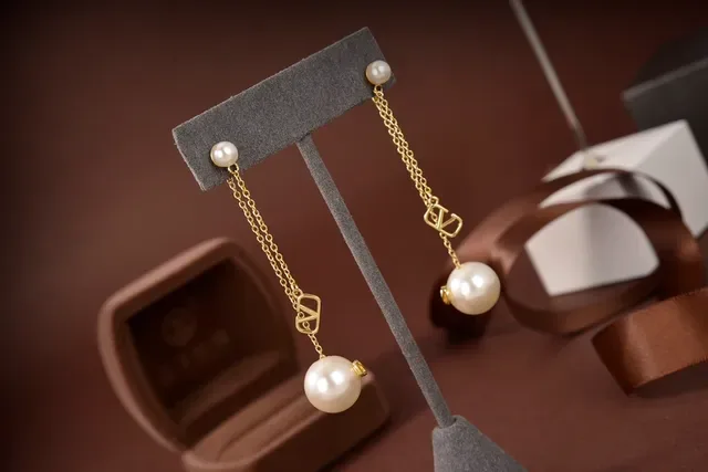 Valentino VLogo Pearl Drop Gold Chain Earrings 3