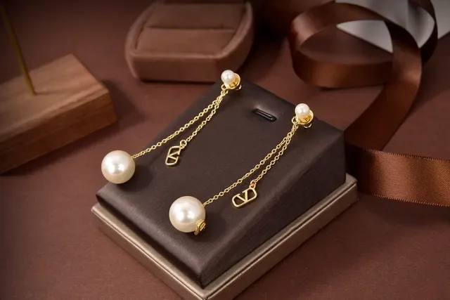 Valentino VLogo Pearl Drop Gold Chain Earrings 4