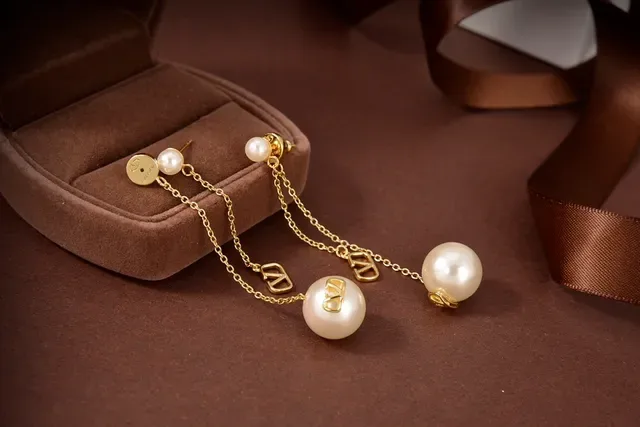 Valentino VLogo Pearl Drop Gold Chain Earrings 5