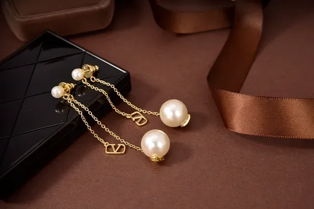 Valentino VLogo Pearl Drop Gold Chain Earrings 6