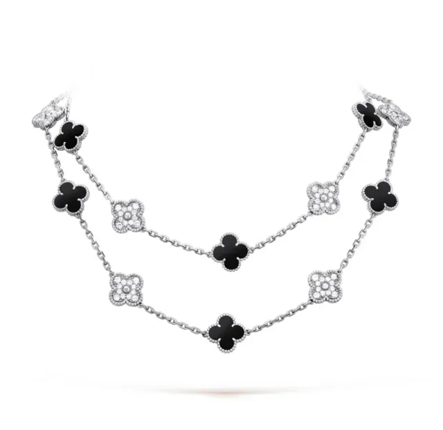 Van Cleef & Arpels Alhambra Black Enamel and Pavé Crystal Four-Leaf Clover Necklace 7