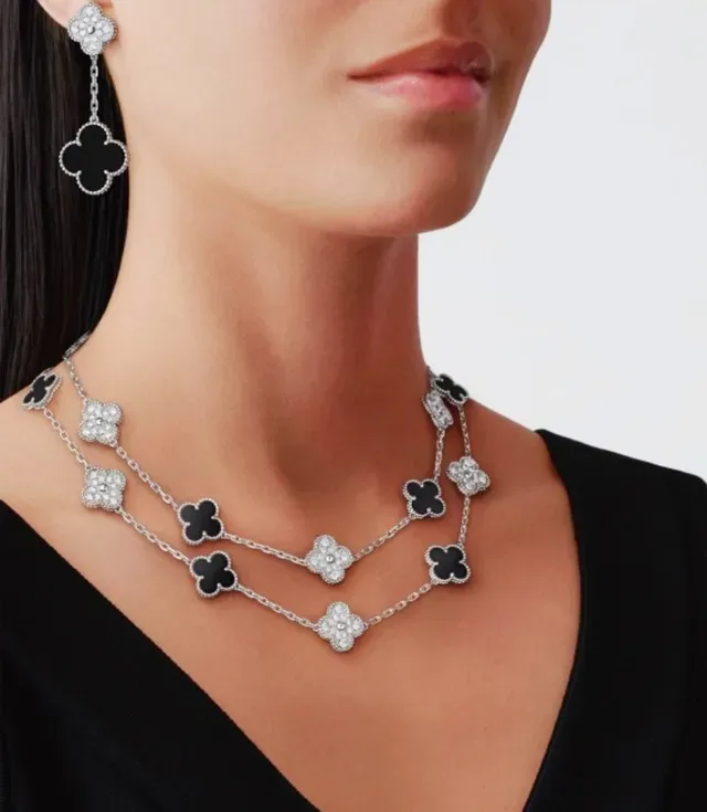 Van Cleef & Arpels Alhambra Black Enamel and Pavé Crystal Four-Leaf Clover Necklace 8