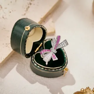 Van Cleef & Arpels Pink Silver Bow-Shaped Baguette-Cut Ruby Brooch