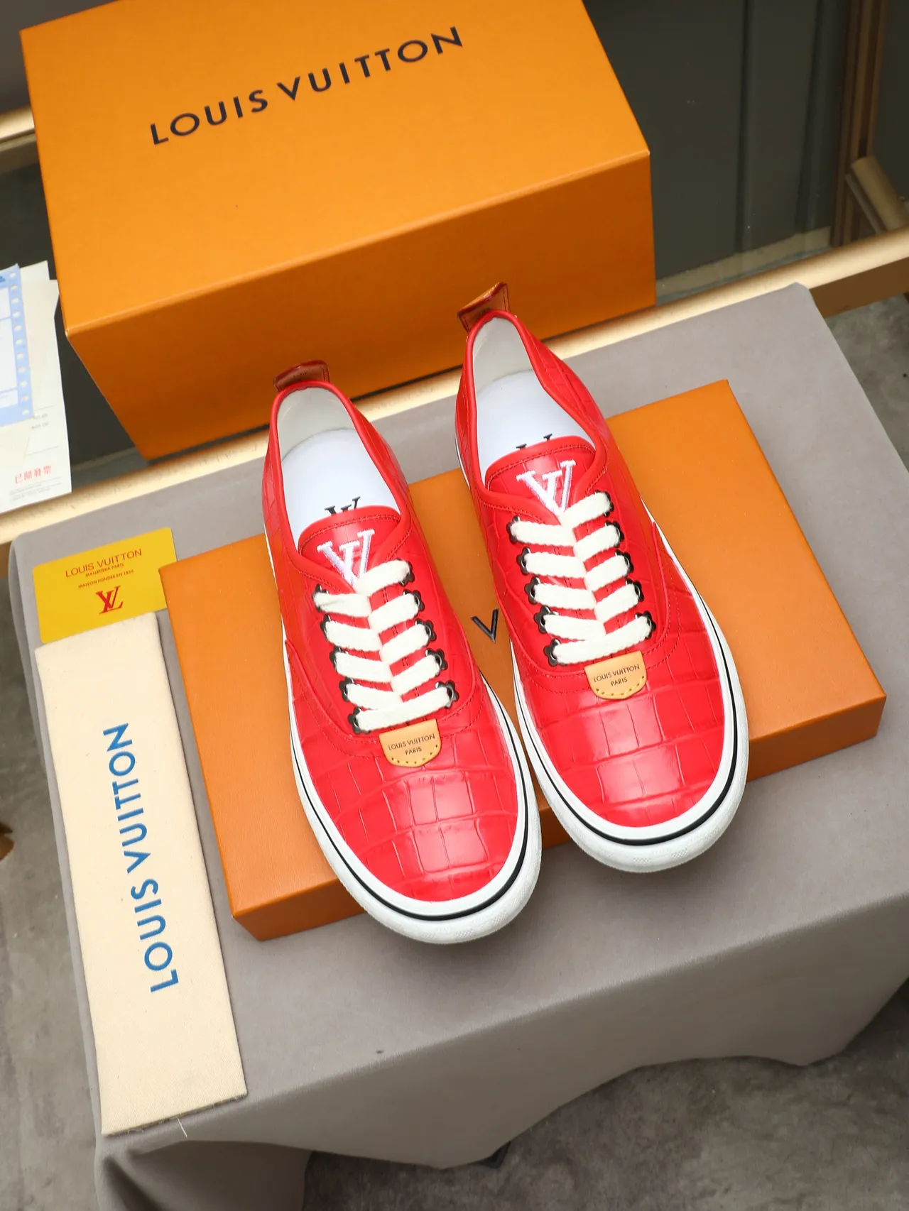 Vans Red White Crocodile-Embossed Leather Low-Top Lifestyle Sneakers 2