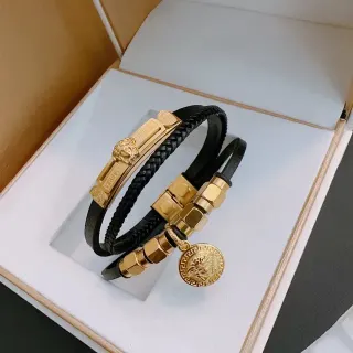 Versace 黑金编织皮革金属手链
