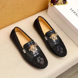 Versace 黑色金色 编织皮革 Medusa 头饰硬件 乐福鞋