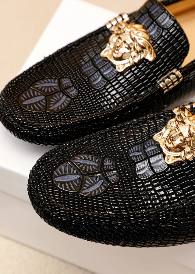 Versace Negro Dorado Cuero Tejido Cabeza Medusa Herrajes Mocasín 4