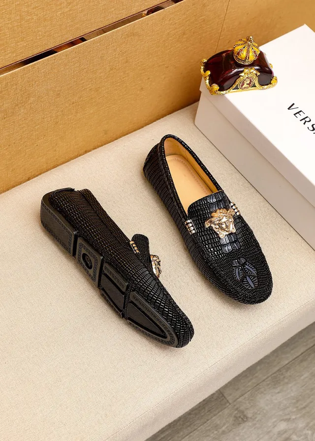 Versace Negro Dorado Cuero Tejido Cabeza Medusa Herrajes Mocasín 9