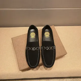 Versace Chain Reaction Black Gold Suede-Like Upper White Contrast Stitching Loafer