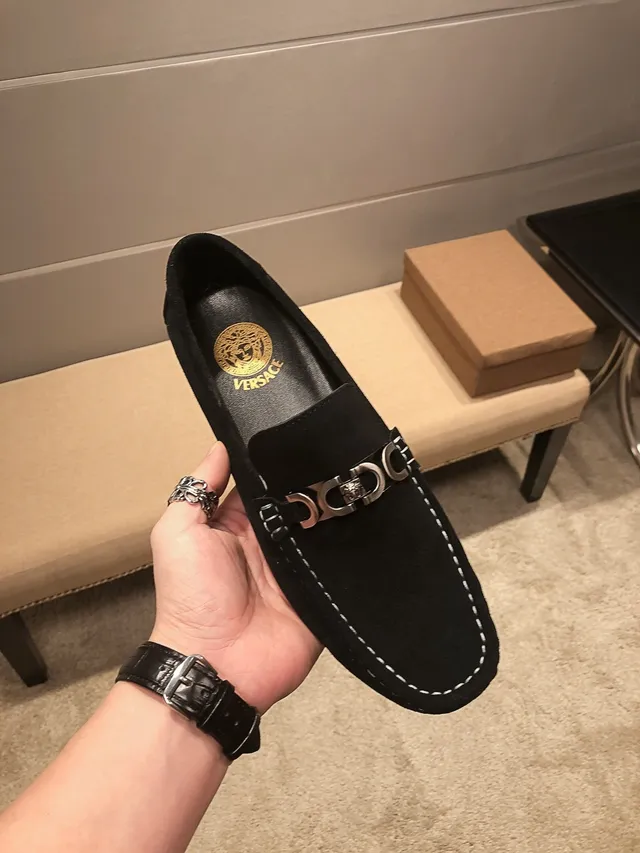 Versace Chain Reaction Noir Or Style Imitation Daim Supérieur Couture Contraste Blanc Mocassin 9