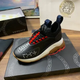 Versace Chain Reaction 黑色 红色鞋底 Greca 钥匙图案 厚底运动鞋