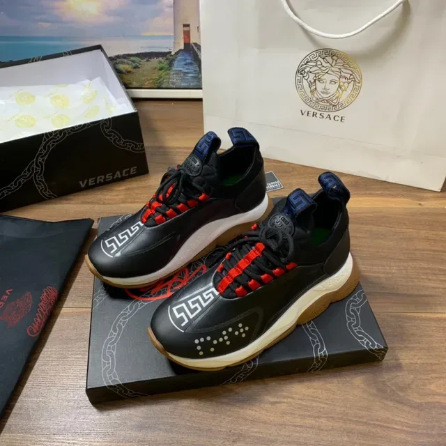 Versace Chain Reaction Black Red Sole Greca Key Motif Chunky Sneakers 7