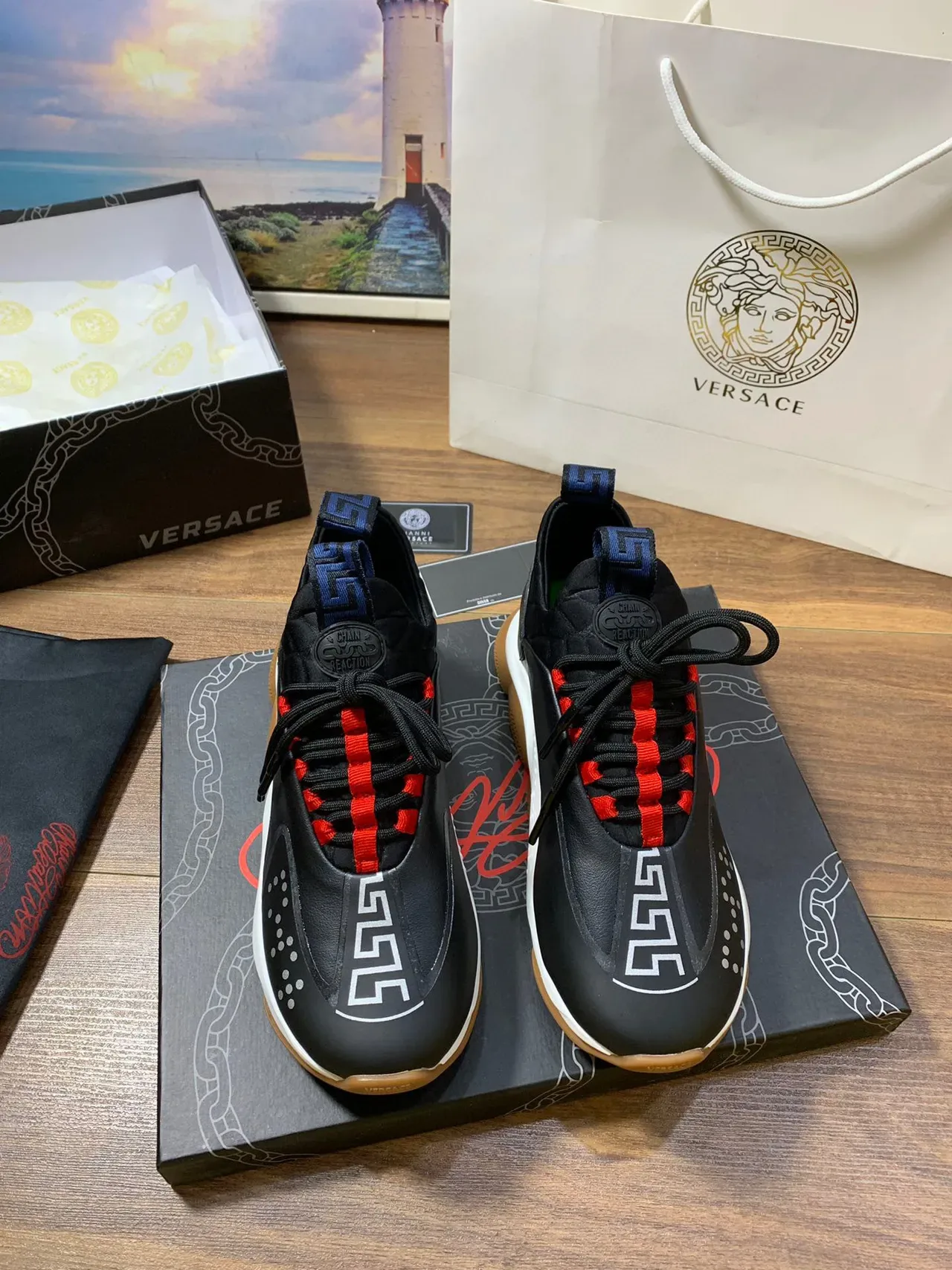 Versace Chain Reaction Black Red Sole Greca Key Motif Chunky Sneakers 8