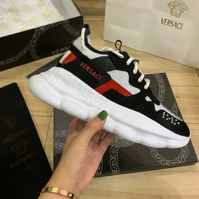 Versace Chain Reaction أسود أبيض أحمر حذاء رياضي سميك 4