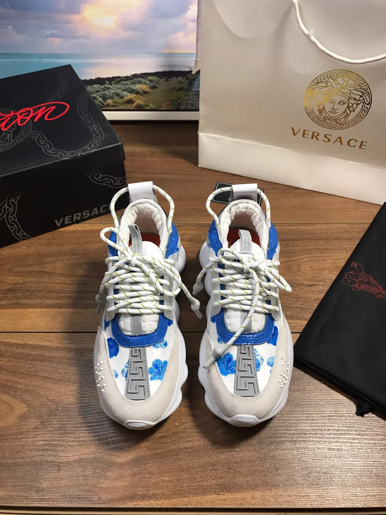 Versace Chain Reaction White Blue Beige Chunky Sneakers 9