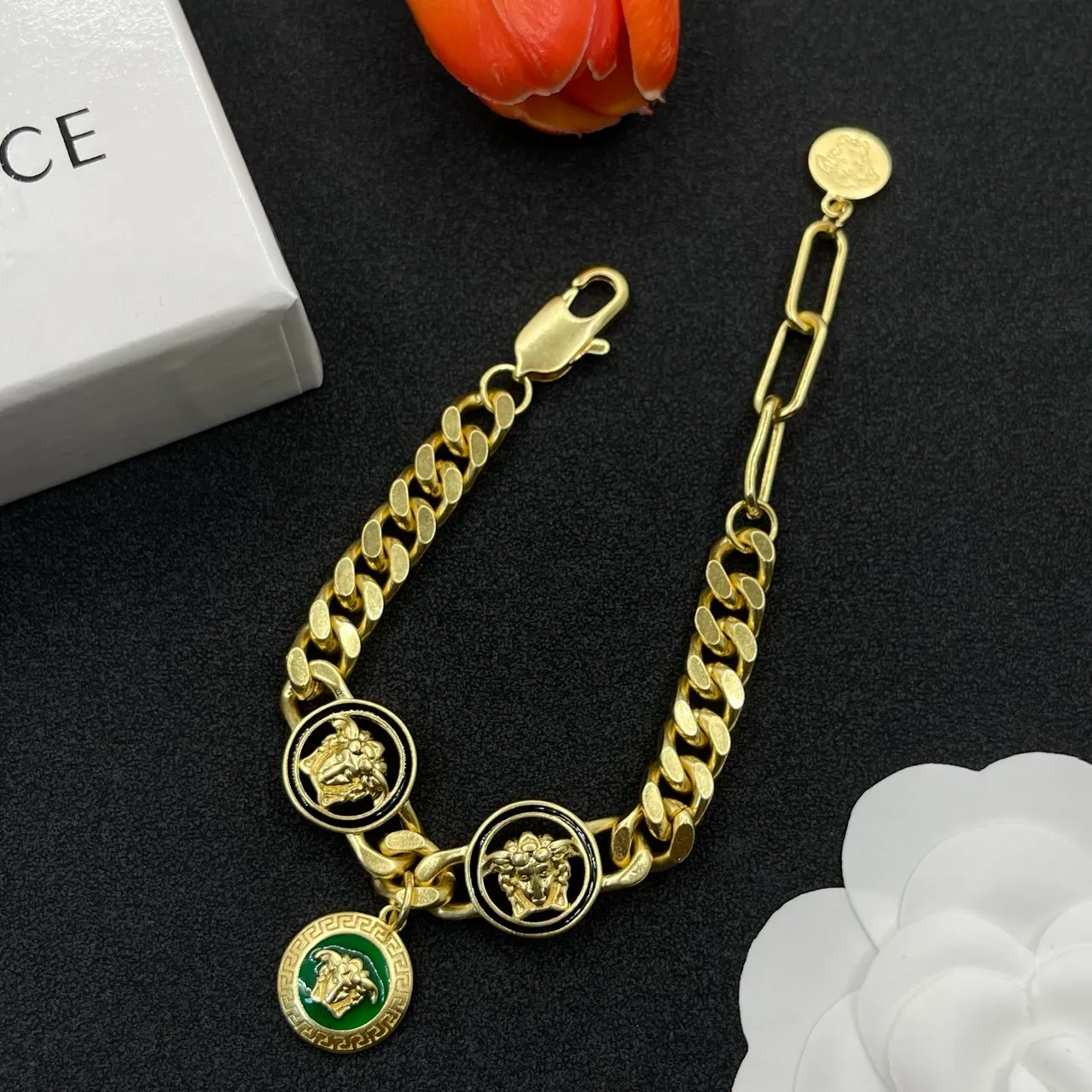 Versace Gold Green Curb Chain Enamel Medusa Charms Bracelet 2