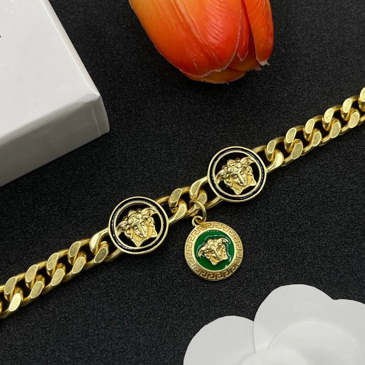 Versace Gold Green Curb Chain Enamel Medusa Charms Bracelet 3