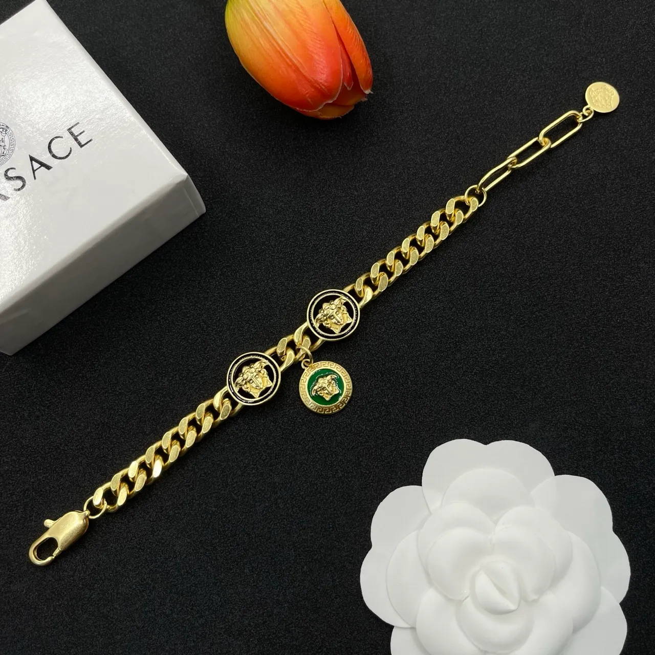Versace Gold Green Curb Chain Enamel Medusa Charms Bracelet 4