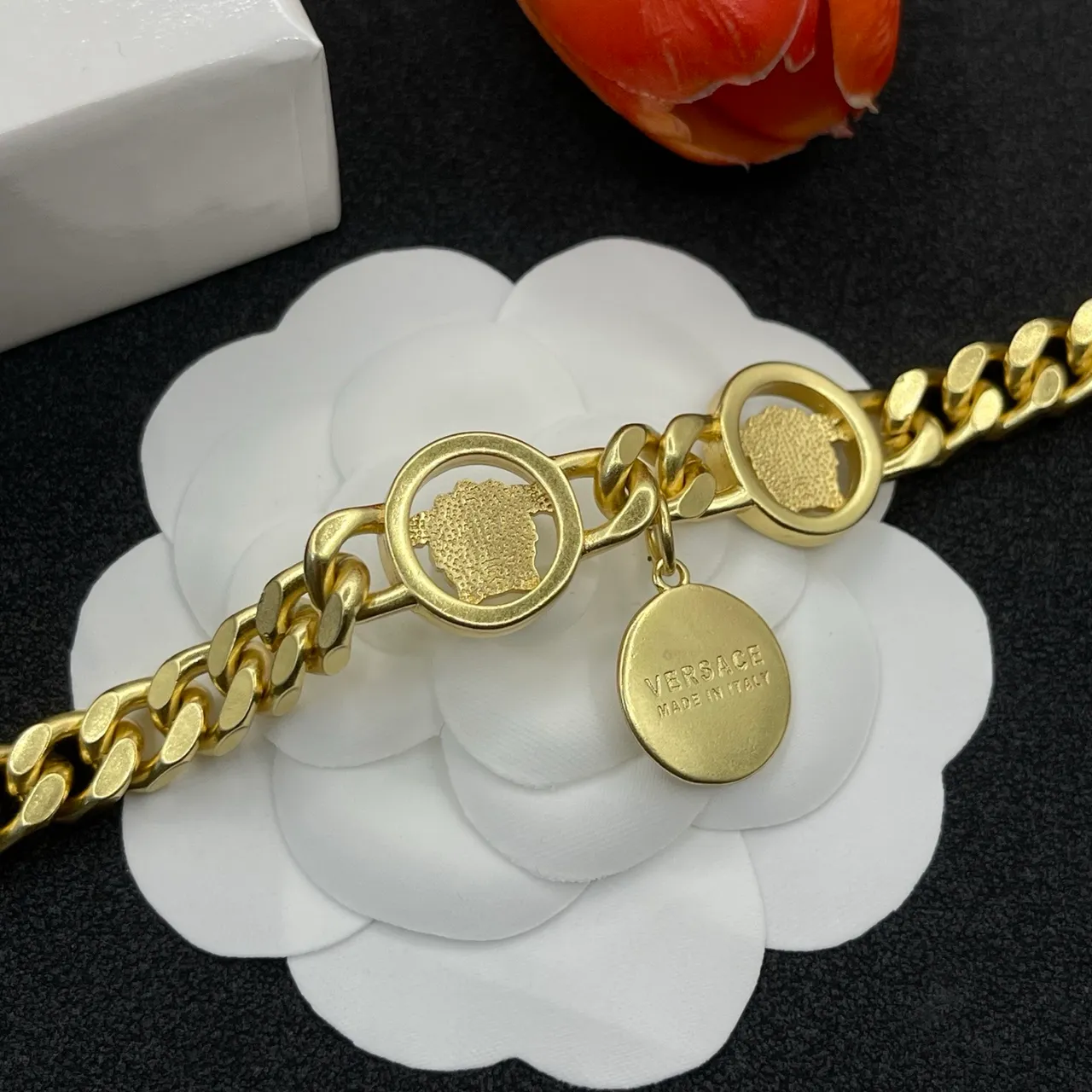 Versace Gold Green Curb Chain Enamel Medusa Charms Bracelet 5