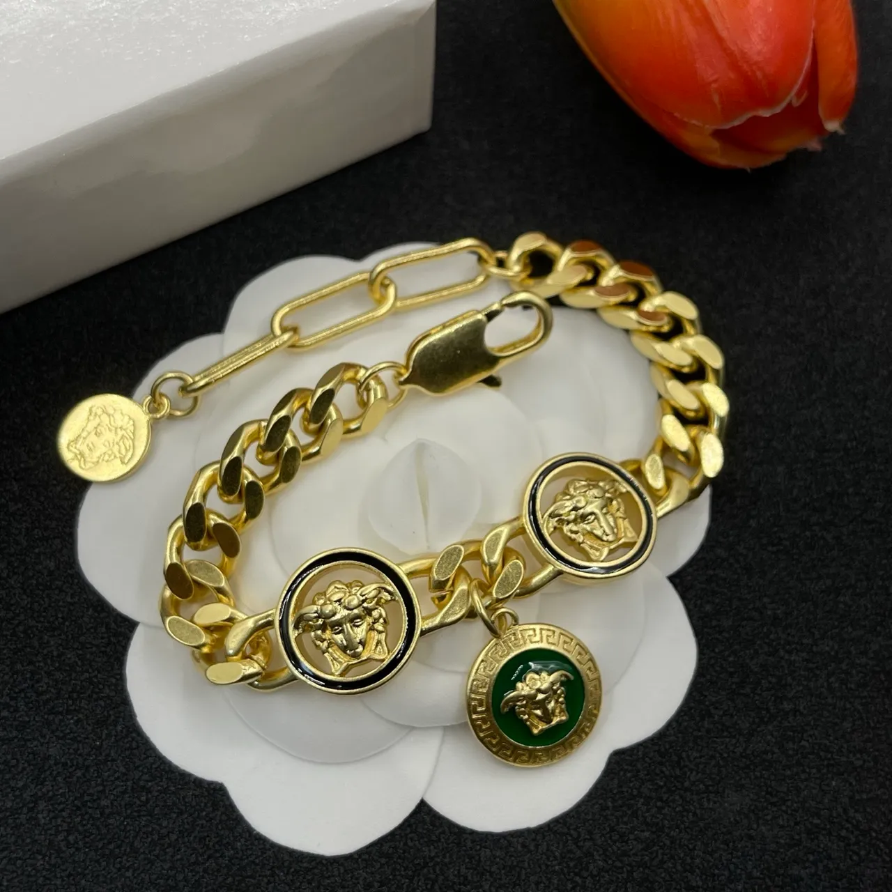 Versace Gold Green Curb Chain Enamel Medusa Charms Bracelet 6