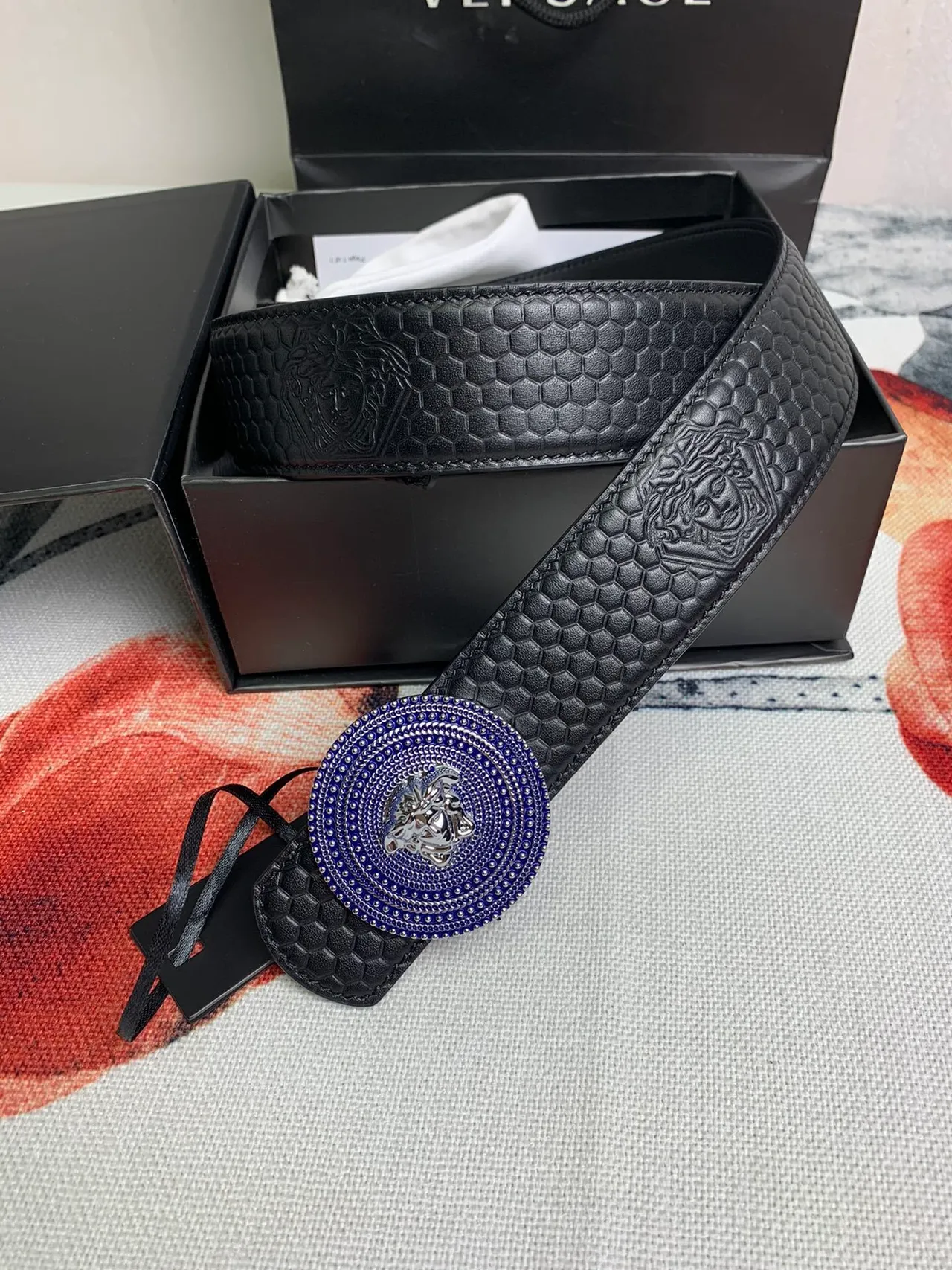 Versace Medusa Belt Black Blue Hexagonal Quilted Head Buckle Leather Belt 2