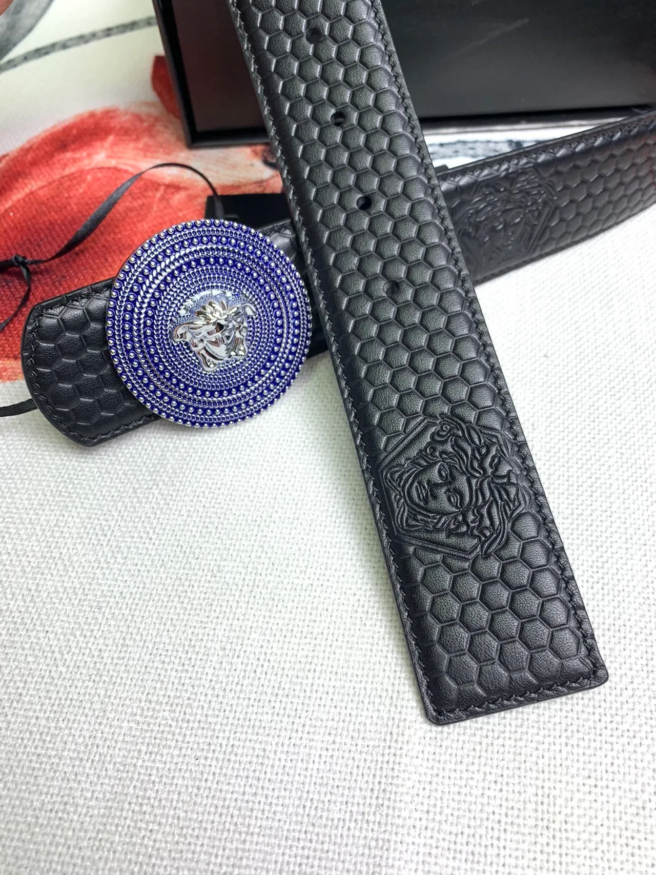Versace Medusa Belt Black Blue Hexagonal Quilted Head Buckle Leather Belt 3