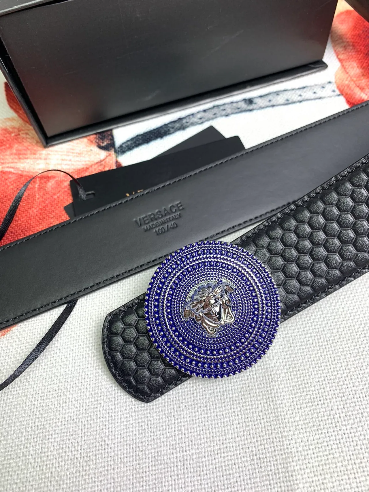 Versace Medusa Belt Black Blue Hexagonal Quilted Head Buckle Leather Belt 4