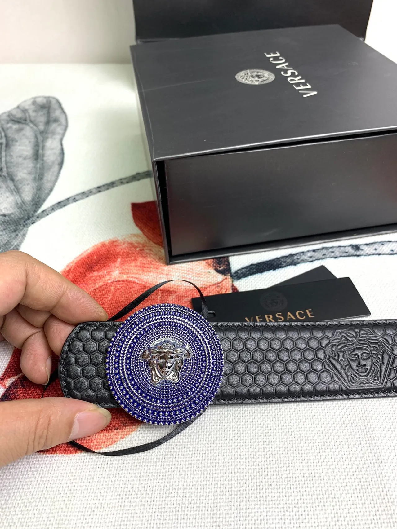 Versace Medusa Belt Black Blue Hexagonal Quilted Head Buckle Leather Belt 5