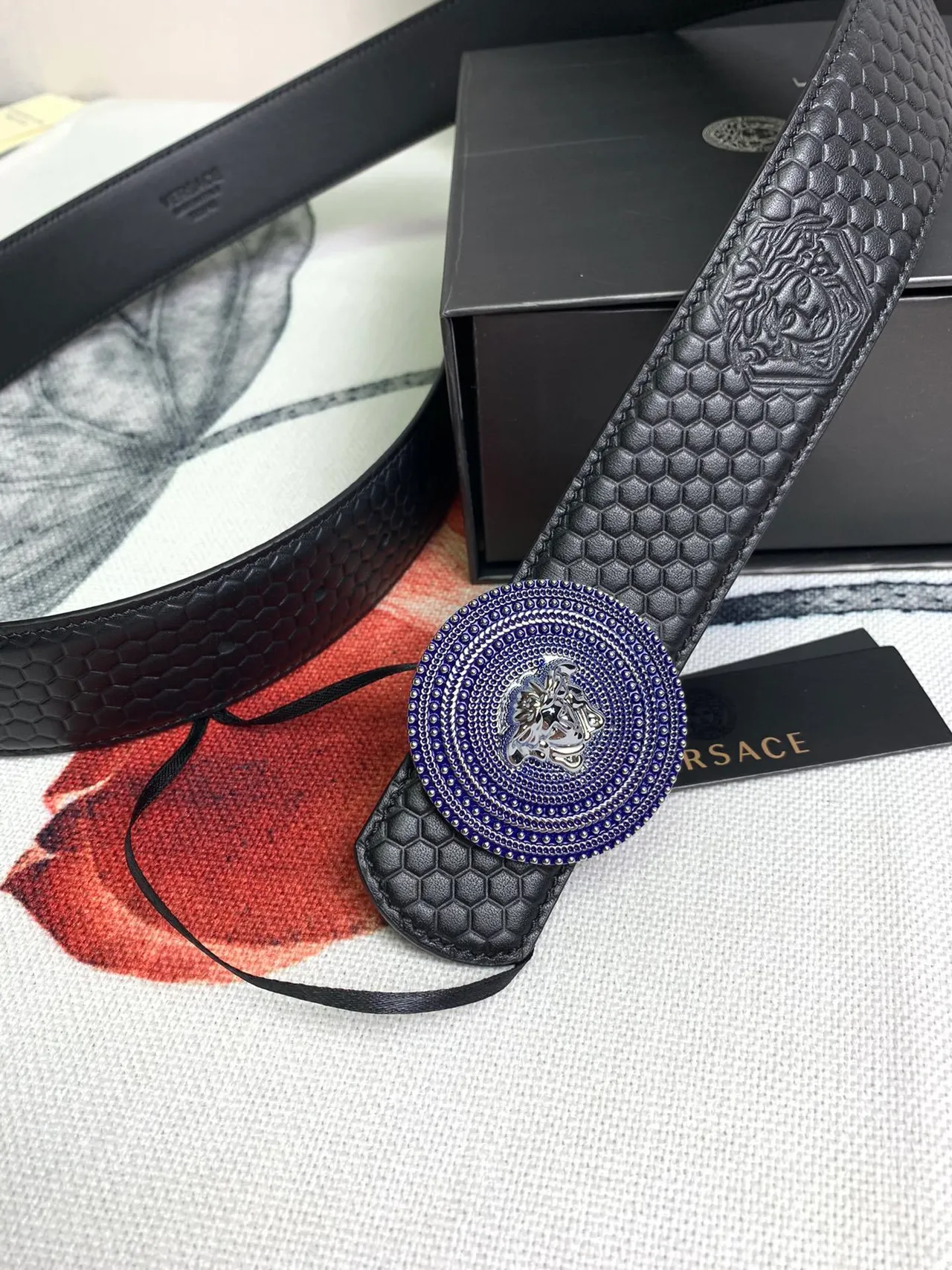 Versace Medusa Belt Black Blue Hexagonal Quilted Head Buckle Leather Belt 6