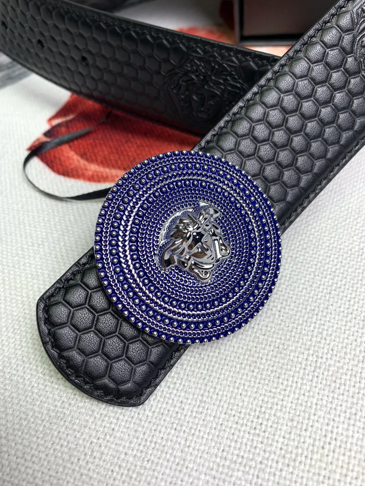 Versace Medusa Belt Black Blue Hexagonal Quilted Head Buckle Leather Belt 7