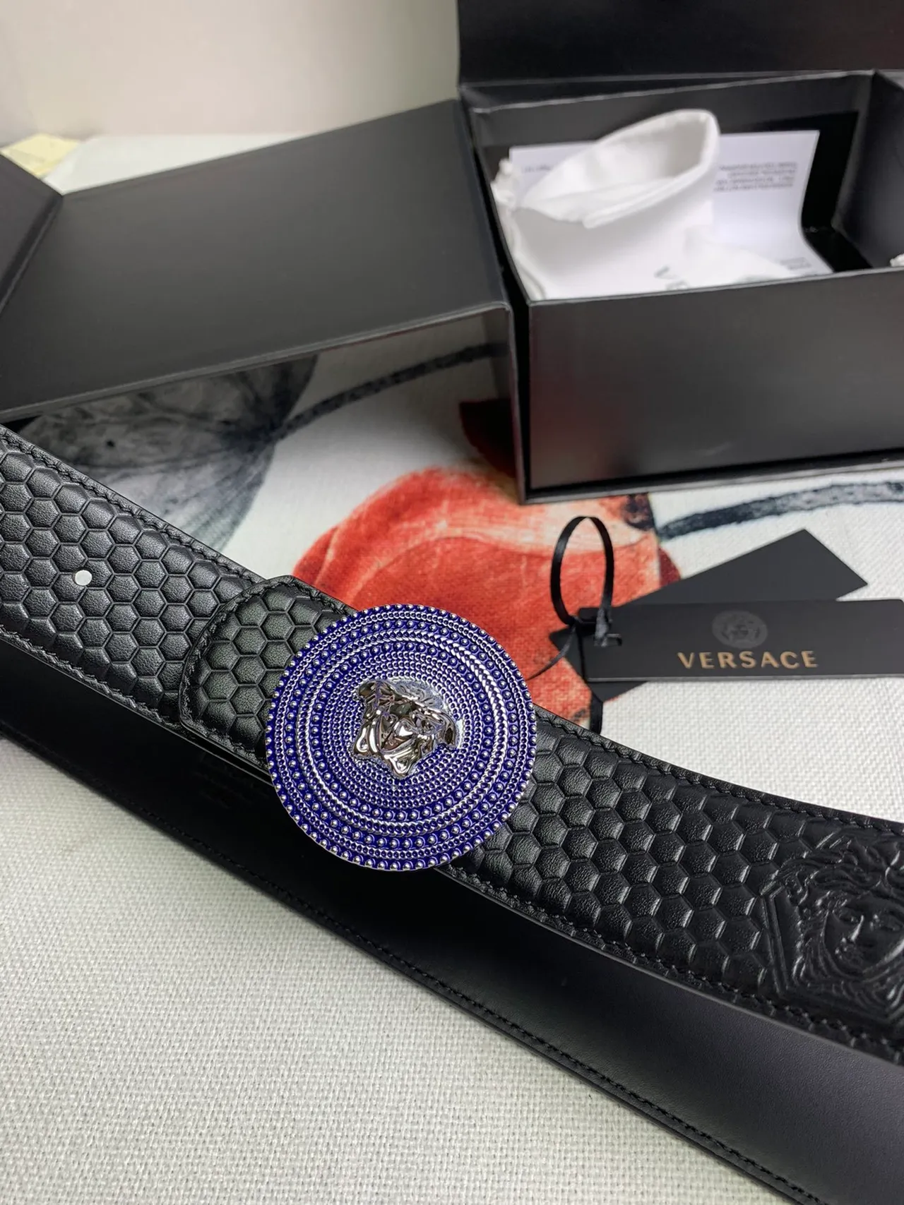 Versace Medusa Belt Black Blue Hexagonal Quilted Head Buckle Leather Belt 8