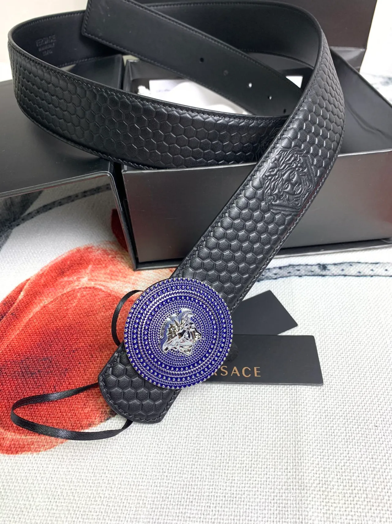 Versace Medusa Belt Black Blue Hexagonal Quilted Head Buckle Leather Belt 9