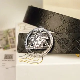 Versace Medusa Belt 黑色银色浮雕 Greca 图案 Head Buckle 皮革腰带