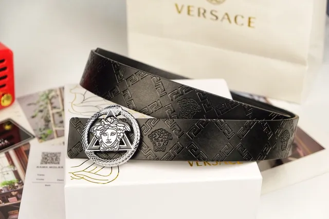 Versace Medusa Belt Black Silver Embossed Greca Pattern Head Buckle Leather Belt 4