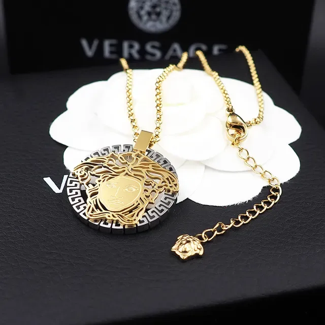 Collier Versace Medusa Or Argent Tête Ajourée Borde Clé Grecque 7