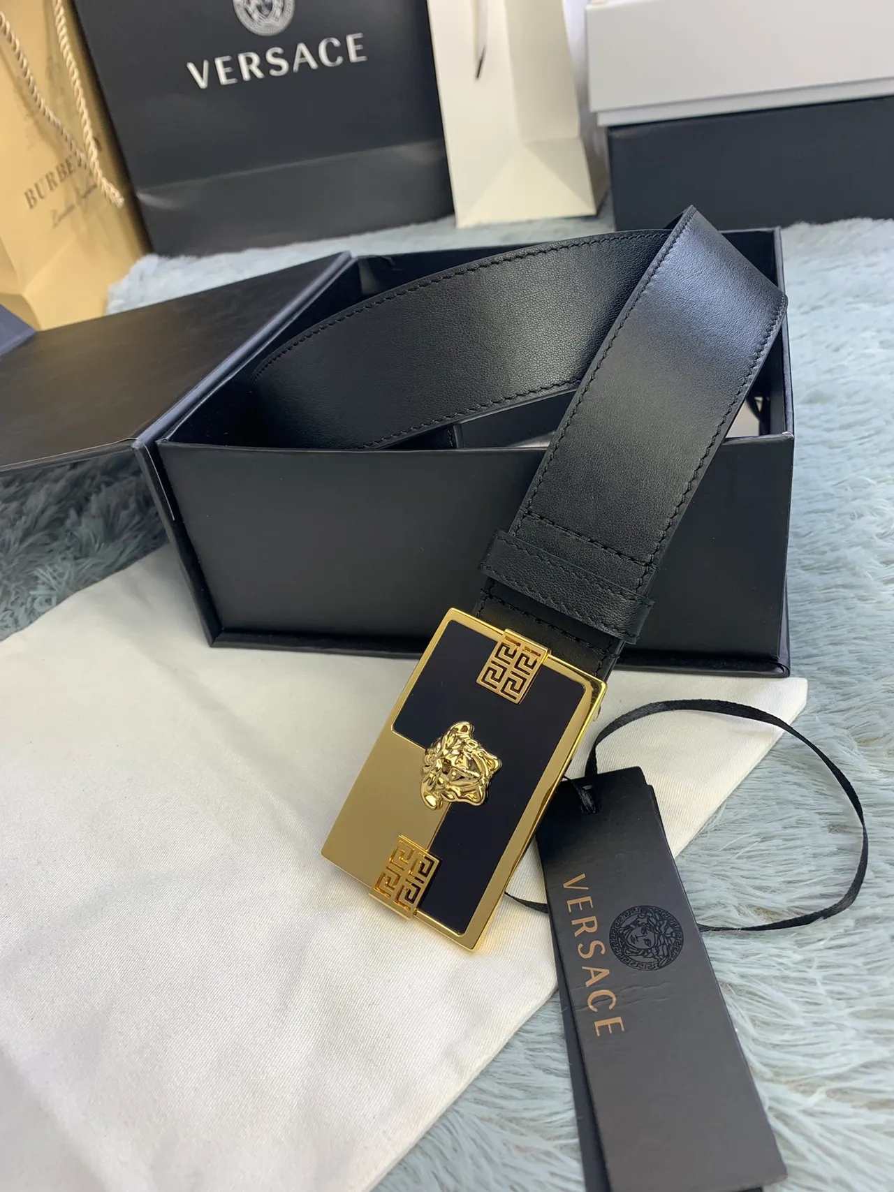 Versace Odissea أسود ذهبي ناعم مستطيل إبزيم جلد حزام 3