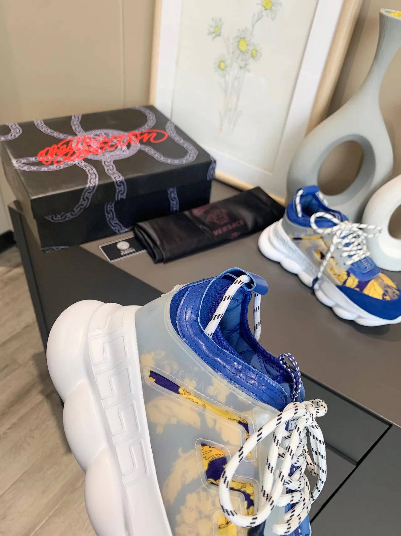 Versace Odissea Blue Yellow Baroque Print Chunky Sneakers 4