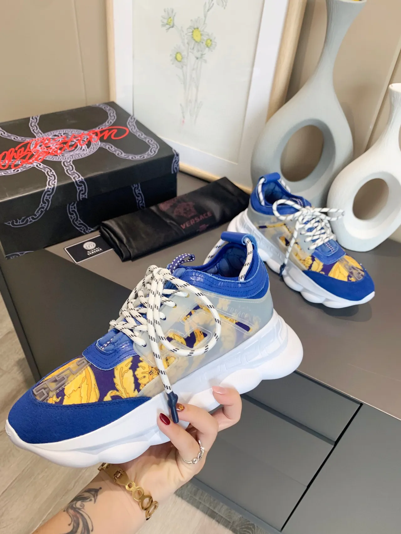 Versace Odissea Blue Yellow Baroque Print Chunky Sneakers 5