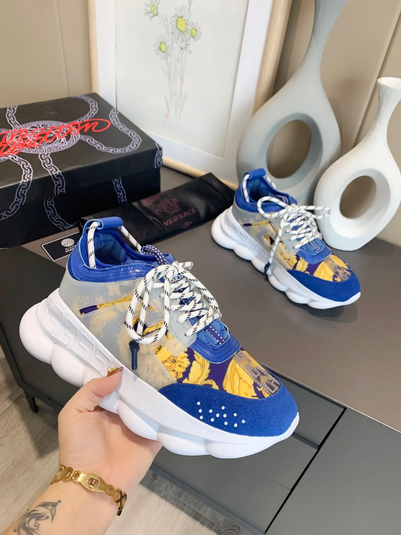Versace Odissea Blue Yellow Baroque Print Chunky Sneakers 7