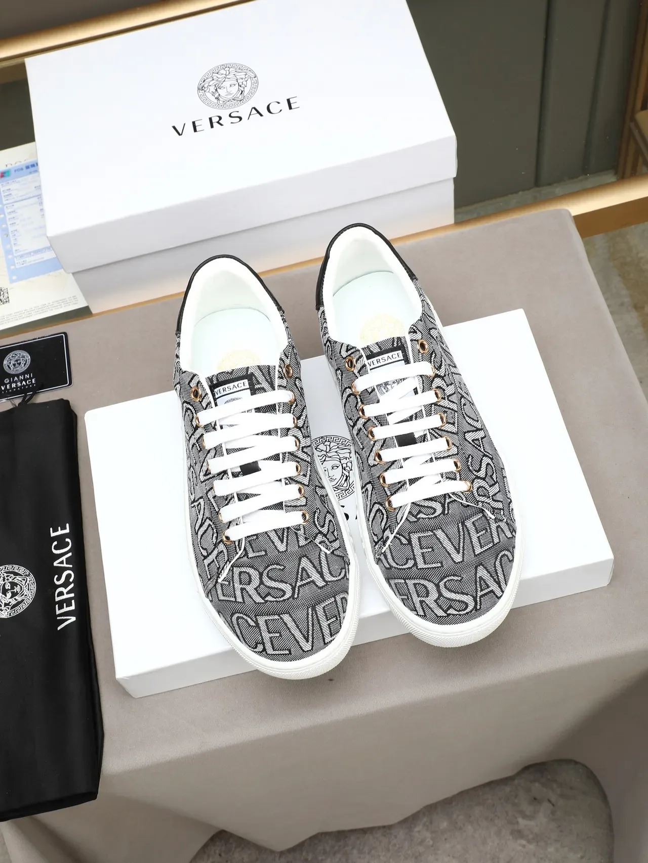 Versace Odissea Gray White Monogrammed Textile Upper Greek Key Midsole Lifestyle Sneakers 3