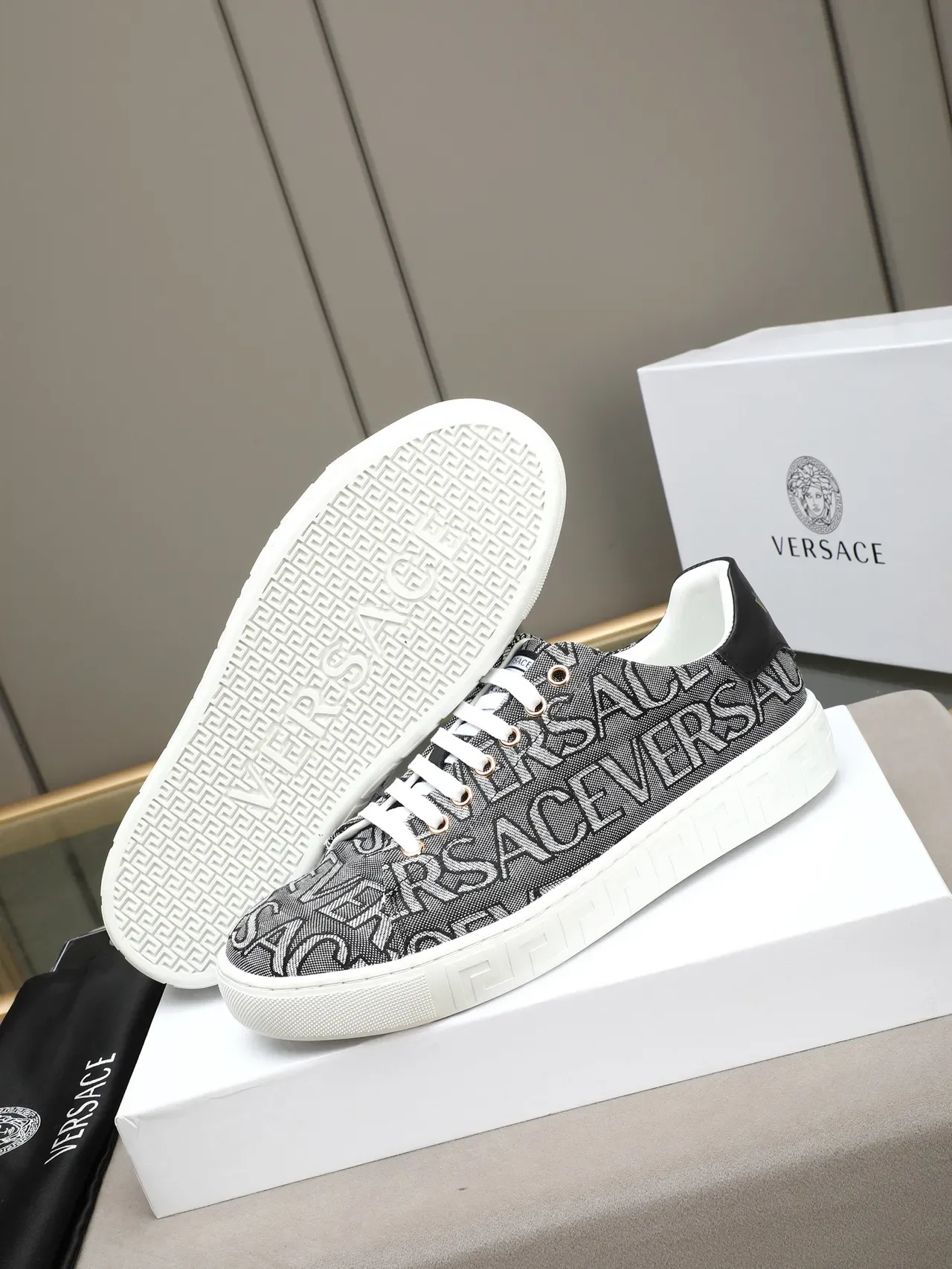Versace Odissea Gray White Monogrammed Textile Upper Greek Key Midsole Lifestyle Sneakers 5