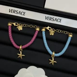 Versace 粉蓝色 编织皮绳 金色 Medusa 魅力手链