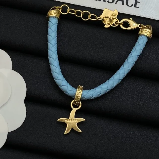 Versace 粉蓝色 编织皮绳 金色 Medusa 魅力手链 2