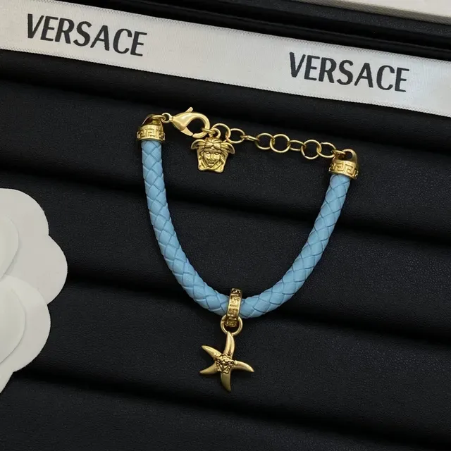 Versace 粉蓝色 编织皮绳 金色 Medusa 魅力手链 5