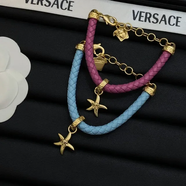 Versace 粉蓝色 编织皮绳 金色 Medusa 魅力手链 6