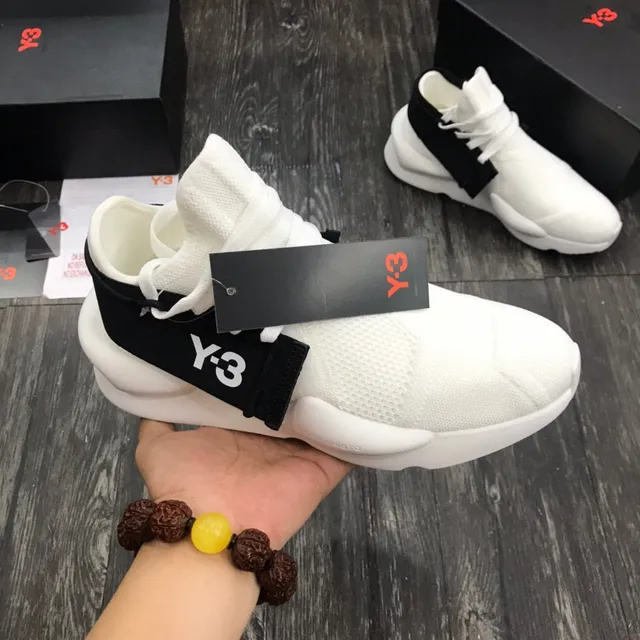 Y-3 أبيض أسود Knit أعلى إغلاق حزام مرن Sneakers أسلوب حياة 2